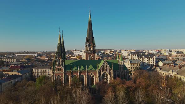 Aerial Footage From Flying Drone Over Historical Center of Church of St