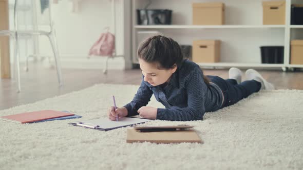 Joyful Schoolgirl Teenage Girl Studying Doing Homework Elearning Process