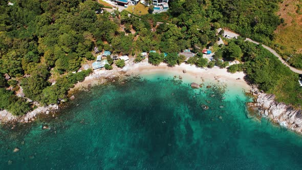 Aerial View Top View Drone Move Beautiful Tropical Beach with White Sand and Rocks