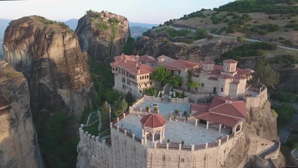 Drone view of Varlaam Monastery and Meteora rocks in Greece