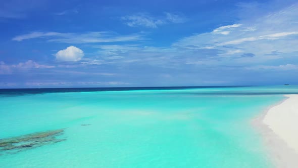 Aerial drone view abstract of perfect island beach time by turquoise ocean and bright sandy backgrou