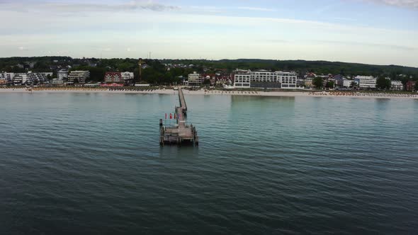 View of the pier at Scharbeutz in Schleswig-Holstein, Germany from the water looking towards the bea