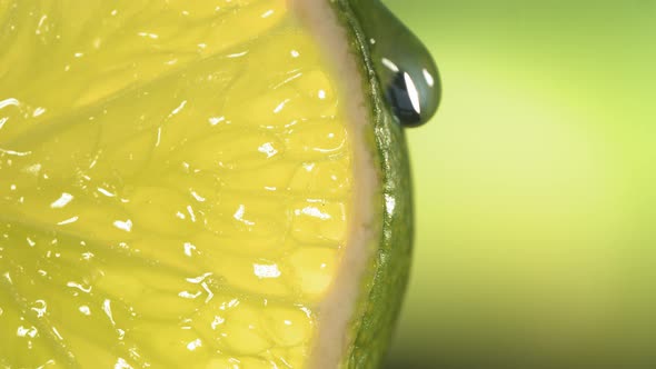 Drop of Water Flows Down the Surface of a Ripe Juicy Lime Slice