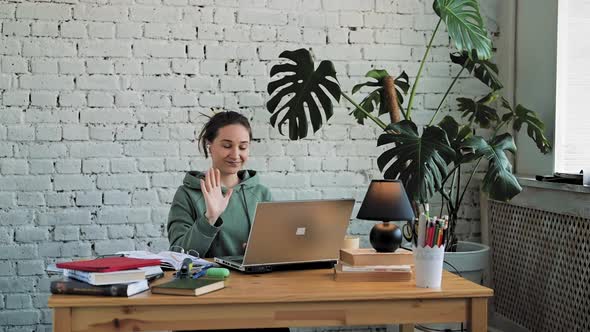 Young Business Woman Worker Relax Sit at Office Desk Finished Laptop Computer Work Feel Satisfied