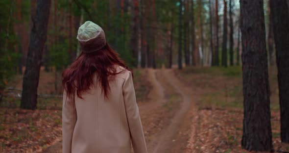 Woman in a Coat Walks Along a Forest Road a Beautiful Forest Landscape