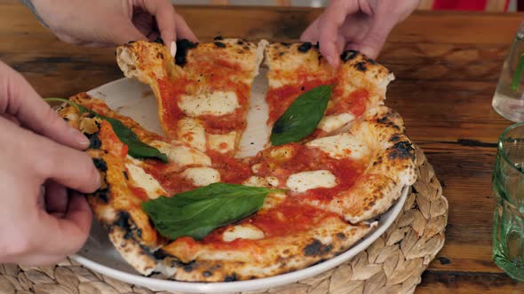 Hands Taking Pizza Slices From Wooden Plate Close Up View Top Margarita Food Delivery