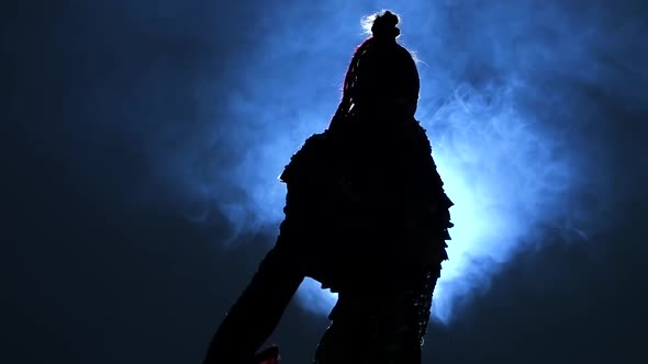 Torero in Blue and Gold Suit or Typical Spanish Bullfighter Silhouette on a Blue Background of Smoke