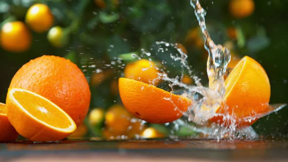 Super Slow Motion Shot of Falling Orange with Water Splash at 1000 Fps.