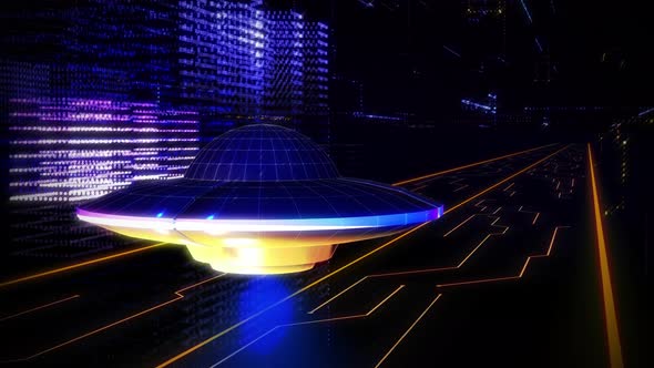 Animation of Purple UFO makes its way by Slowly Gliding above the Digital City alt