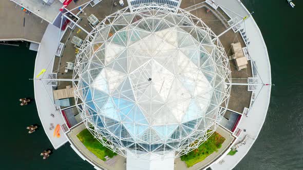 Top View Of Geodesic Dome Of Science World At The End Of False Creek In Vancouver, British Columbia,