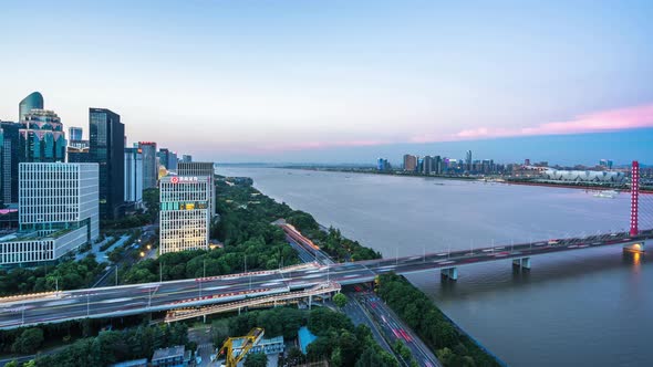 Timelapse of city skyline from day to night in hangzhou china