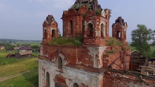 Aerial view of Old ruined abandoned church in a village 08