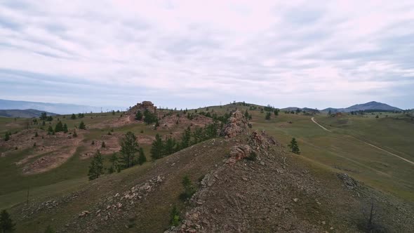 Baikal Valley spirits,Tazheran Steppe, Stone Cliffs on the Road, Aerial Summer