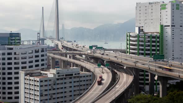 Timelapse Heavy Traffic on Hong Kong Stonecutters Bridge Pan Up