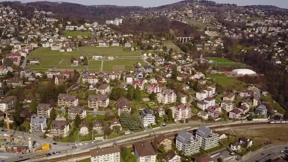 Drone view of a small town, Pully next to Lausanne, Vaud, Switzerland