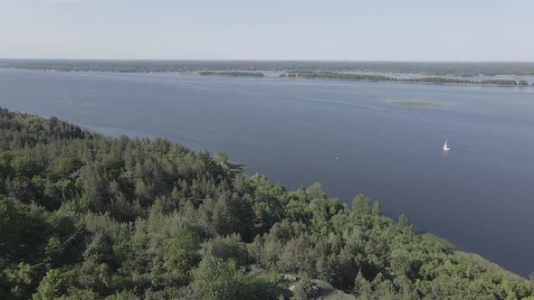 Nature of Ukraine: Dnipro River. Aerial View. Slow Motion, Flat, Gray