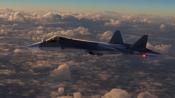 Fifth Generation Jet Plane Flies Above the Clouds 4k