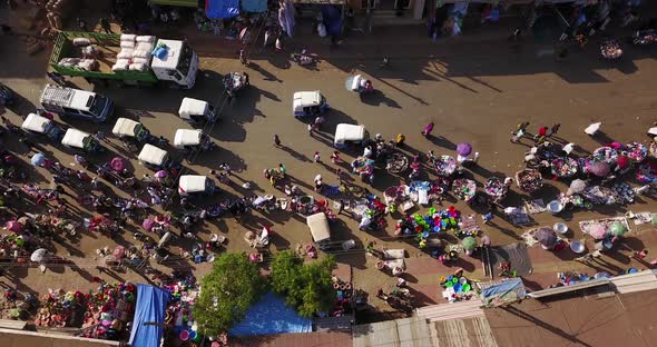 Topdown aerial of a busy marketplace at the city of Gondar, Ethiopia, Africa. 4K