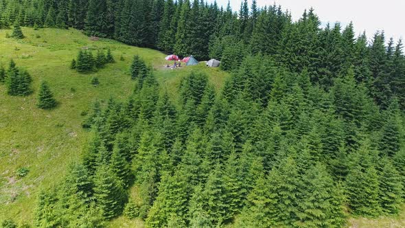 Aerial shot mountain forest with camp