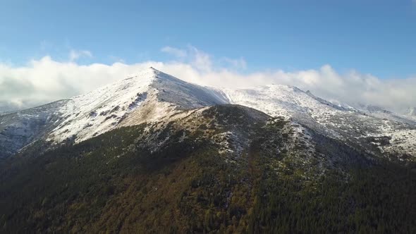 High mountain peaks covered with autumn spruce forest and high snowy summits.