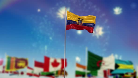 Ecuador Flag With World Globe Flags And Fireworks 