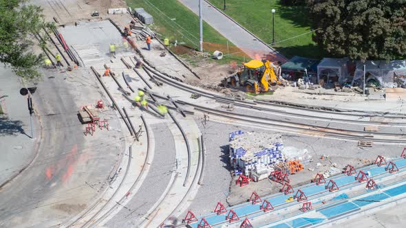 Repair Works on the Street Timelapse. Laying of New Tram Rails on a City Street