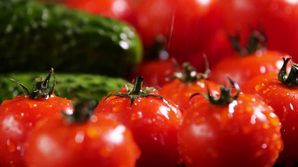 Tomatoes and Cucumber With Drops of Water, Beautiful Macro , Raw Organic Vegetables, Organic Food