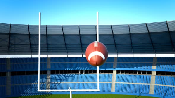 The football is tumbling in the air above the football field but missing goal.