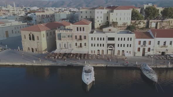 Chania Old Port sunset aerial view drone