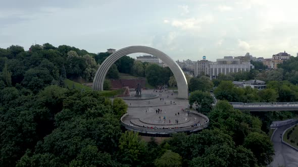 Aerial Panoramic View of People's Friendship Arch in Kyiv