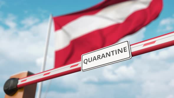 Open Gate with QUARANTINE Sign at the Austrian Flag alt