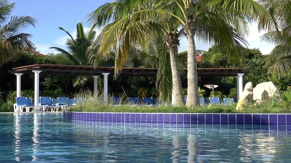 Swimming pool and palm trees at a vacation resort in the Caribbean.