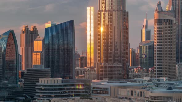 Aerial Sunset Cityscape with Architecture of Dubai Downtown Timelapse United Arab Emirates