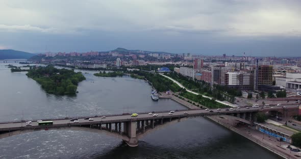 Bridge Across the Wide Yenisei River in the City of Krasnoyarsk Siberia