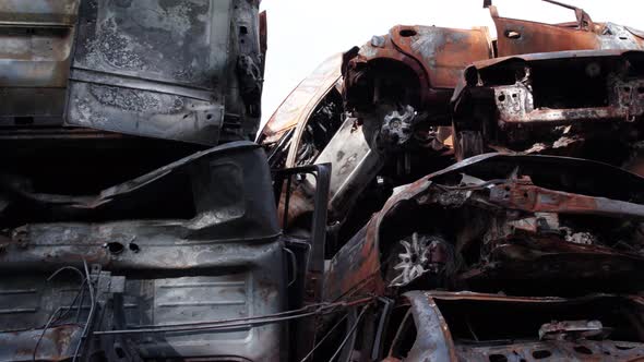 War in Ukraine a Dump of Shot and Burned Cars in Irpin Bucha District