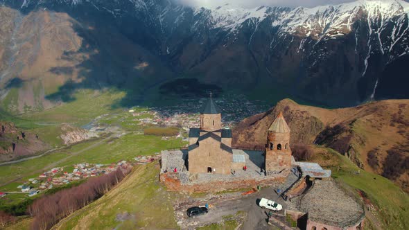 Aerial View From Gergeti Trinity Church Caucasus Mountains Stepantsminda Region Georgia