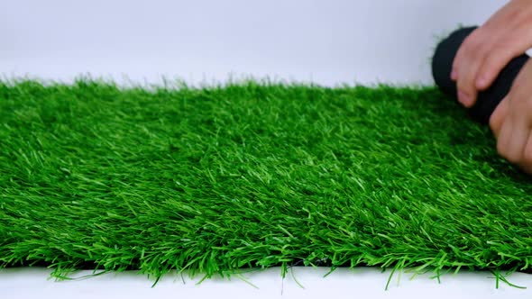 Green Plastic Roll Lawn on White Background