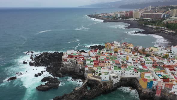 view of the city of Puerto dela Cruz, the island of Tenerife, black beaches on the Atlantic ocean