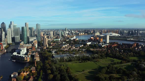 Aerial Panoramic View of the Canary Wharf Business District in London