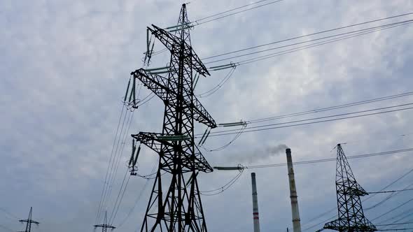 Electricity transmission lines. High voltage transmission line with electric power wires