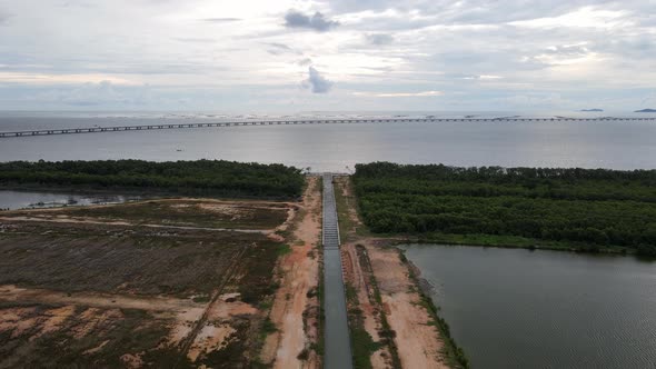 Aerial view sewage toward the sea.