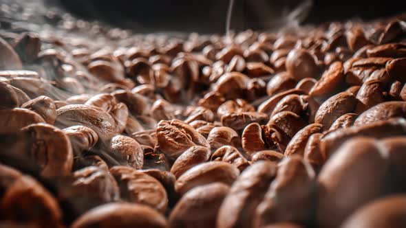 Close Up of Seeds of Coffee. Fragrant Coffee Beans Are Roasted Smoke Comes From Coffee Beans.