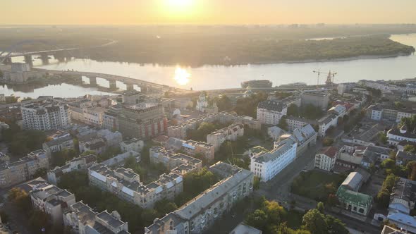 Historical District of Kyiv - Podil in the Morning at Dawn. Ukraine. Aerial View