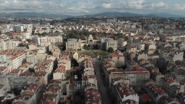 Aerial view of Palace Longchamp with cascade fountain in the heart of Marseille