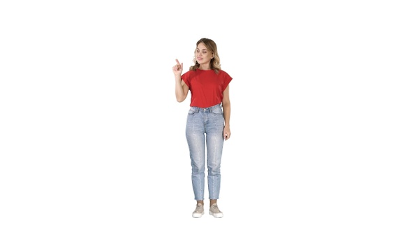 Casual Charming Woman Presenter Puching Imaginary Button