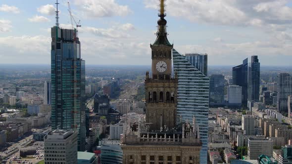 Aerial view of a clock tower of Palace of Culture and Science in Warsaw, Poland