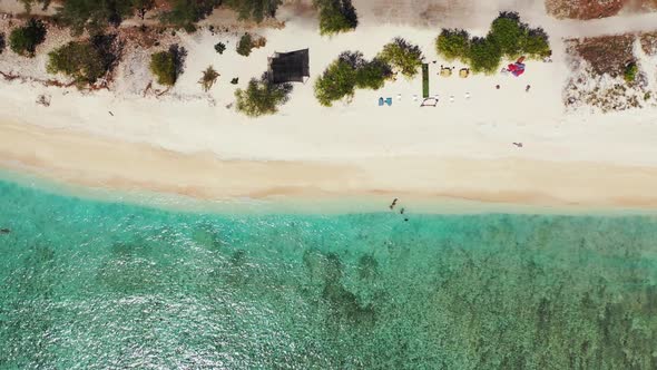 Aerial drone shot landscape of exotic tourist beach adventure by shallow sea and white sandy backgro