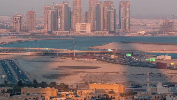 Construction of New Skyscrapers in Dubai Creek Harbor Aerial Timelapse