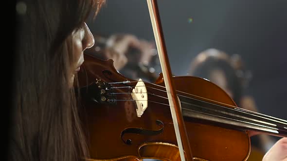 Girls in Play the Violins in a Composition in a Room. Black Smoke Background. Close Up