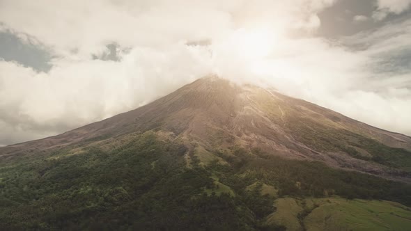 Volcano Mount Erupt at Sun Shine Closeup Aerial. Nobody Nature Landscape at Legazpi Countryside